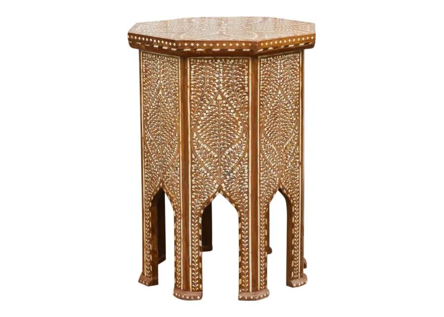 Finely Inlay Lotus Tall End Table - de-cor - Handcrafted - Brown