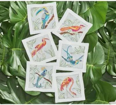 Set of 6 Birds of Paradise Cocktail Napkins - White - Kim Seybert - Multi