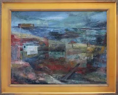 Limited Edition - Mid Century Cubist Beach Scene Painting - Antiquarian Art Company - Blue