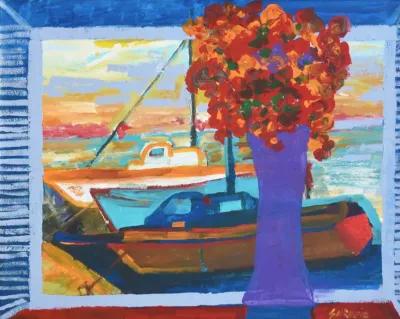 Juan Guzman Nautical & Floral Painting - blue