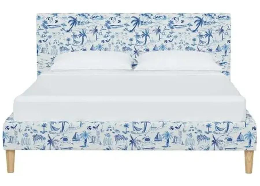 Wilton Platform Bed with Fancy Cone Legs - The Beach Toile - Blue, Upholstered