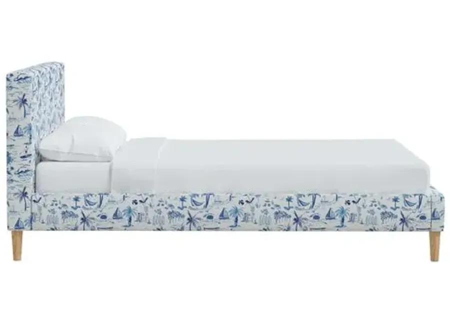 Wilton Platform Bed with Fancy Cone Legs - The Beach Toile - Blue, Upholstered