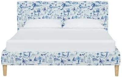 Wilton Platform Bed with Fancy Cone Legs - The Beach Toile - Blue, Upholstered