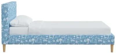 Wilton Platform Bed with Fancy Cone Legs - The Beach Toile - Blue, Upholstered