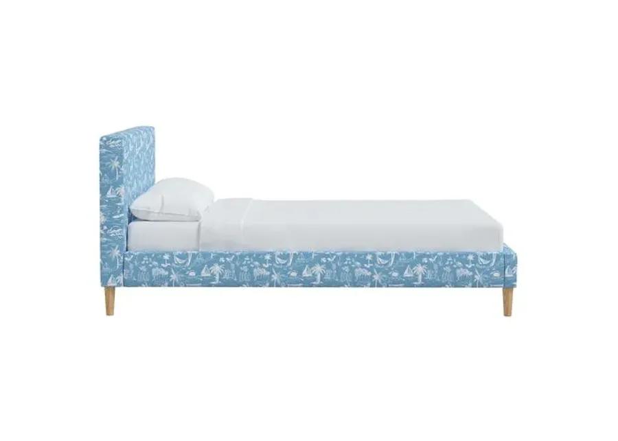 Wilton Platform Bed with Fancy Cone Legs - The Beach Toile - Blue, Upholstered