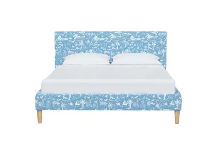 Wilton Platform Bed with Fancy Cone Legs - The Beach Toile - Blue, Upholstered