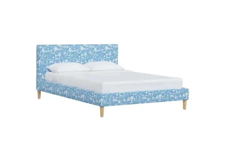 Wilton Platform Bed with Fancy Cone Legs - The Beach Toile - Blue, Upholstered