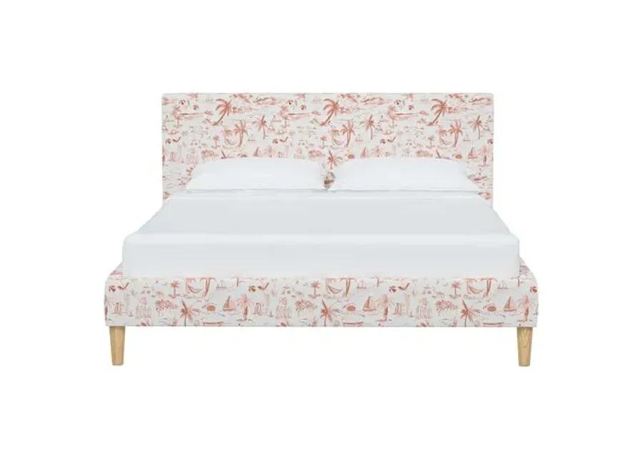 Wilton Platform Bed with Fancy Cone Legs - The Beach Toile - Orange, Upholstered