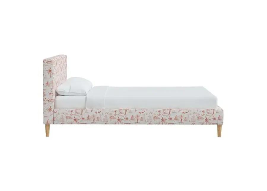 Wilton Platform Bed with Fancy Cone Legs - The Beach Toile - Orange, Upholstered