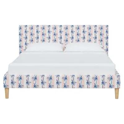 Wilton Platform Bed with Fancy Cone Legs - The Cabana Stripe Palms - Pink, Upholstered