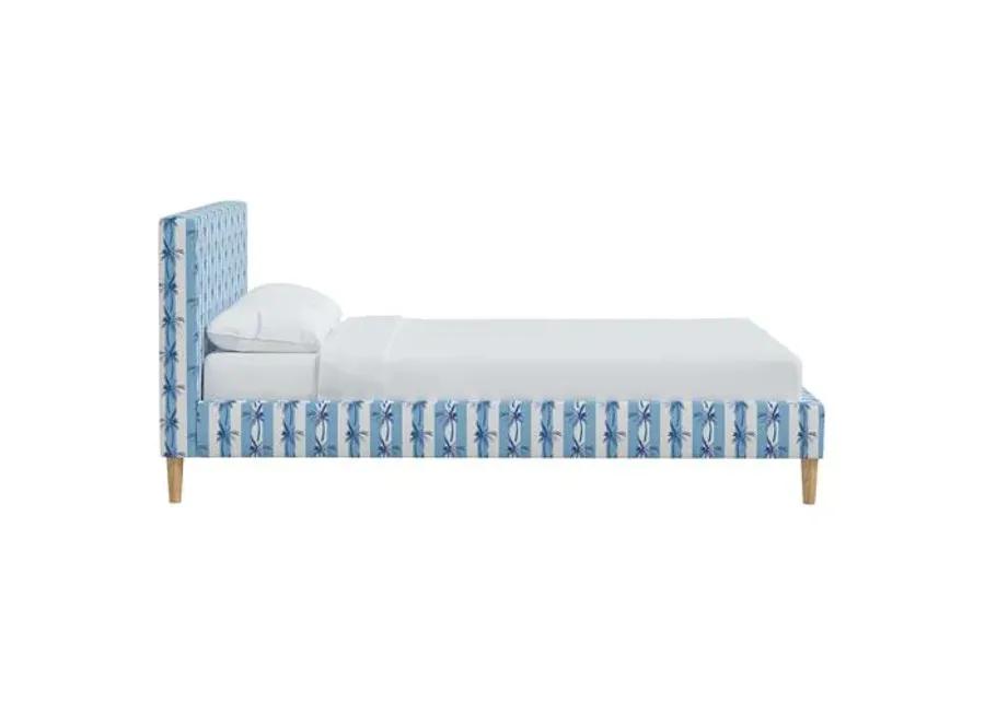 Wilton Platform Bed with Fancy Cone Legs - The Cabana Stripe Palms - Blue, Upholstered