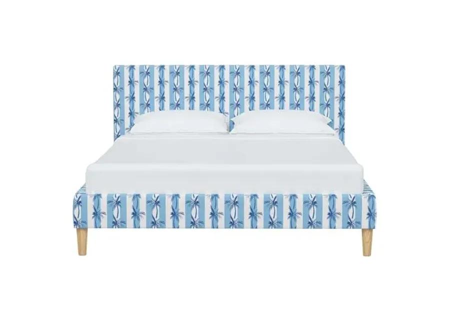 Wilton Platform Bed with Fancy Cone Legs - The Cabana Stripe Palms - Blue, Upholstered