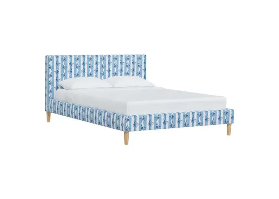 Wilton Platform Bed with Fancy Cone Legs - The Cabana Stripe Palms - Blue, Upholstered