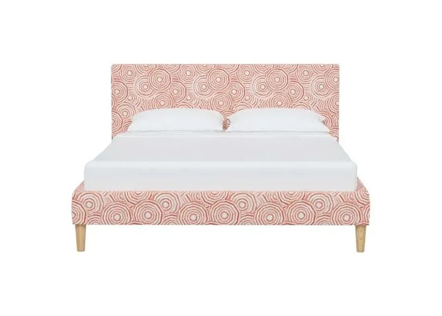 Wilton Platform Bed with Fancy Cone Legs - The Umbrella Swirl - Orange, Upholstered