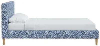 Wilton Platform Bed with Fancy Cone Legs - The Umbrella Swirl - Blue, Upholstered