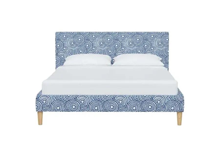 Wilton Platform Bed with Fancy Cone Legs - The Umbrella Swirl - Blue, Upholstered