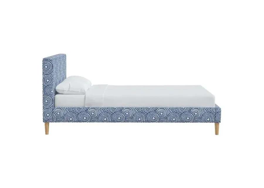 Wilton Platform Bed with Fancy Cone Legs - The Umbrella Swirl - Blue, Upholstered