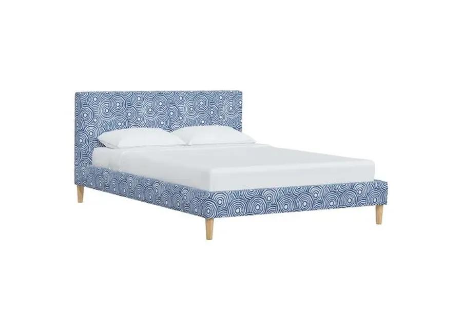 Wilton Platform Bed with Fancy Cone Legs - The Umbrella Swirl - Blue, Upholstered