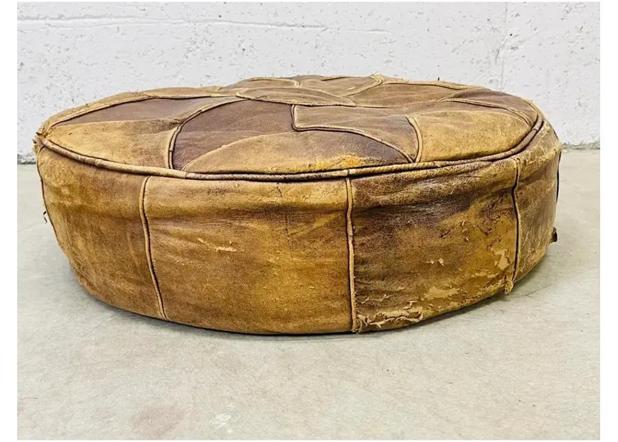 Round Distressed Leather Hassock - 2-b-Modern - Brown