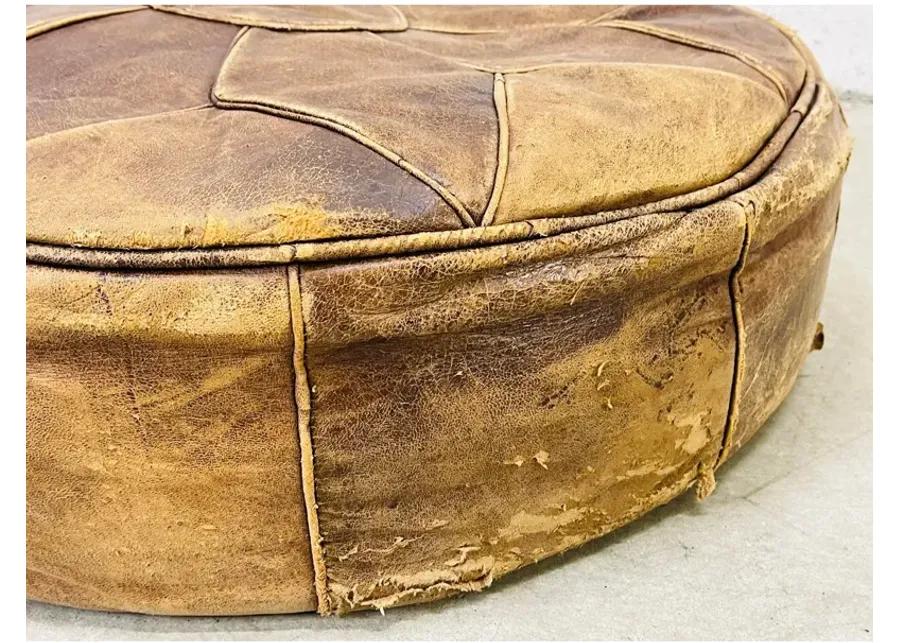 Round Distressed Leather Hassock - 2-b-Modern - Brown