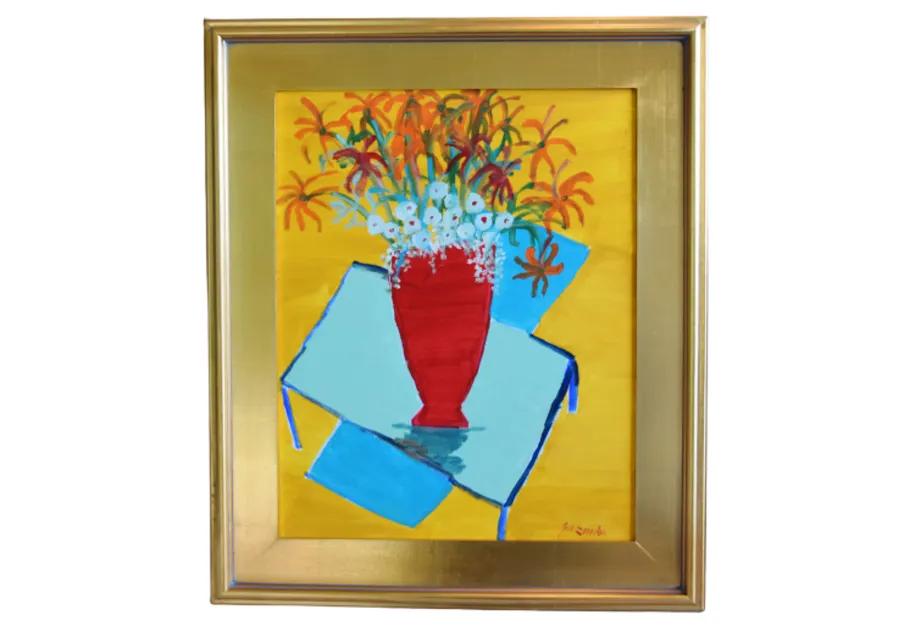 Juan Guzman Flowers Red Vase Painting - yellow