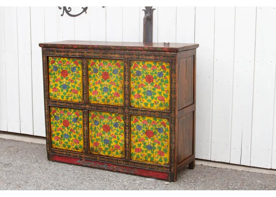 Antique Painted Floral Tibetan Cabinet - de-cor - Yellow