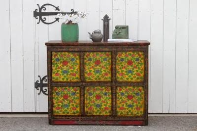 Antique Painted Floral Tibetan Cabinet - de-cor - Yellow