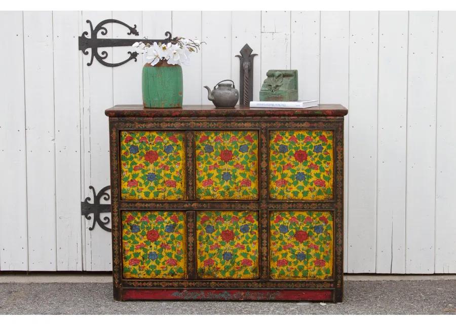 Antique Painted Floral Tibetan Cabinet - de-cor - Yellow