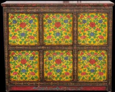 Antique Painted Floral Tibetan Cabinet - de-cor - Yellow