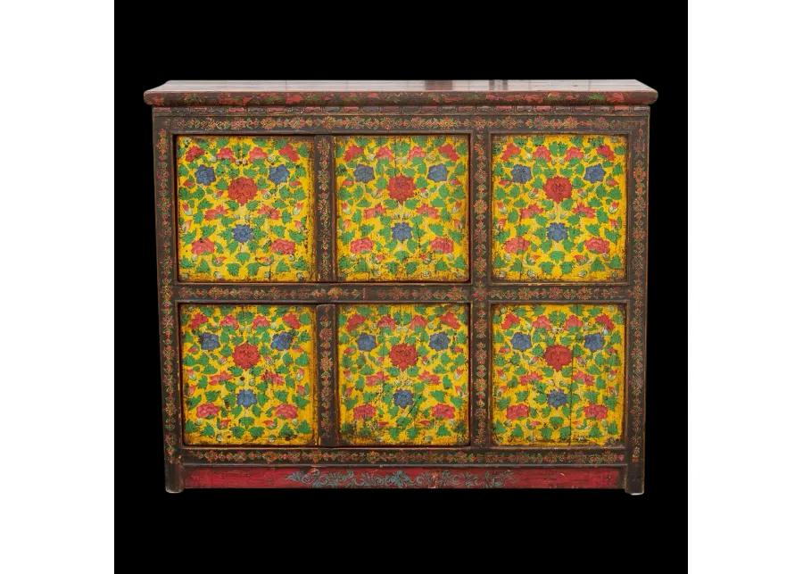 Antique Painted Floral Tibetan Cabinet - de-cor - Yellow