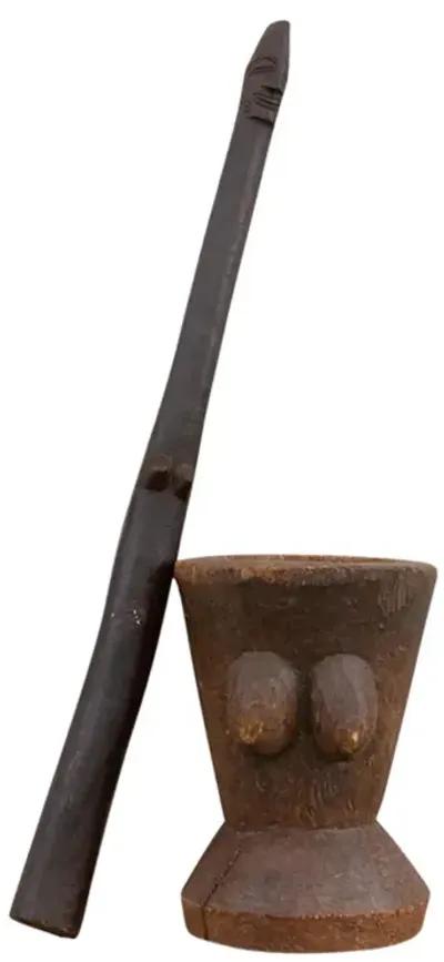 Rare African Carved Outdoor Mortar & Pestle - de-cor - Brown