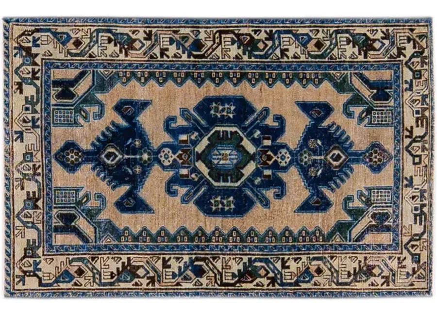 Vintage Beige Geometric Rug 3'4" x 5' - Apadana - Blue - Blue