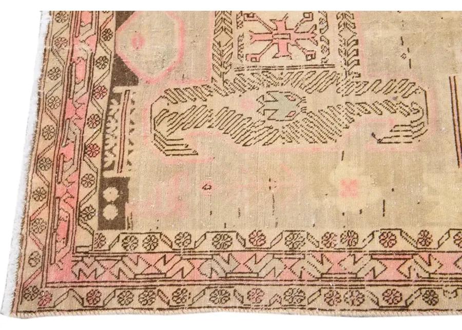 Vintage Geometric Beige Wool Rug - Apadana - Pink - Pink