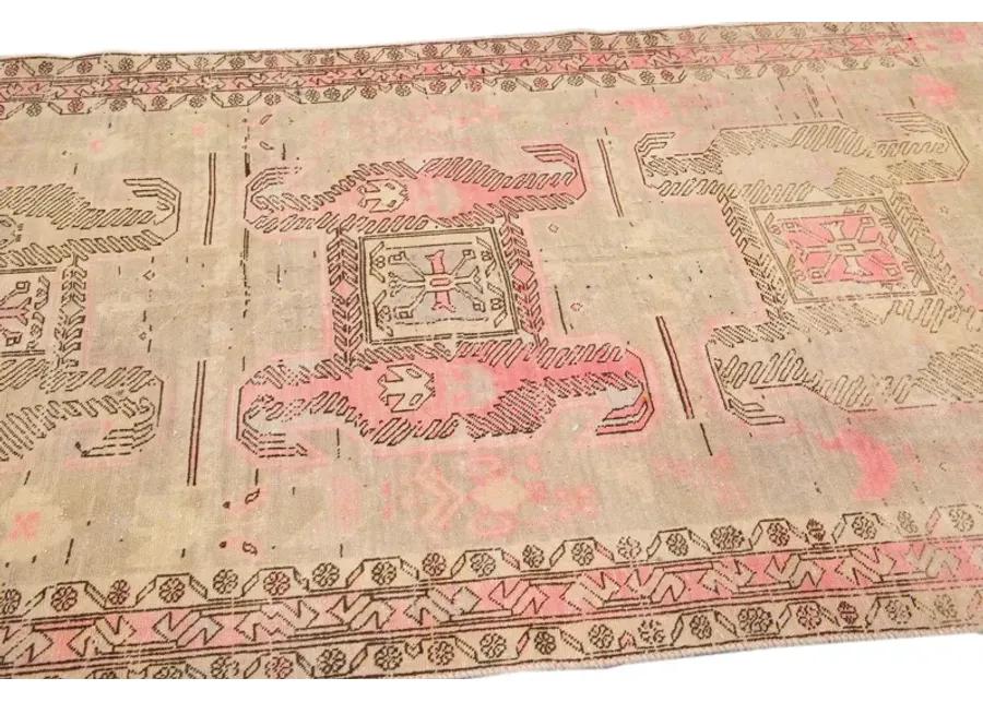 Vintage Geometric Beige Wool Rug - Apadana - Pink - Pink