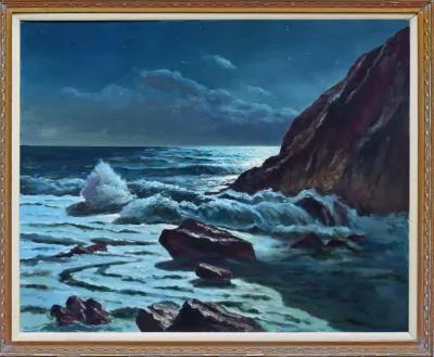 Large Vintage Seascape Nocturne Painting - Antiquarian Art Company - Blue