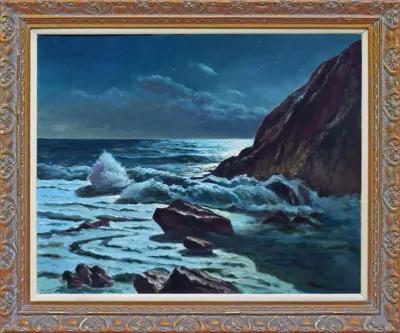 Large Vintage Seascape Nocturne Painting - Antiquarian Art Company - Blue