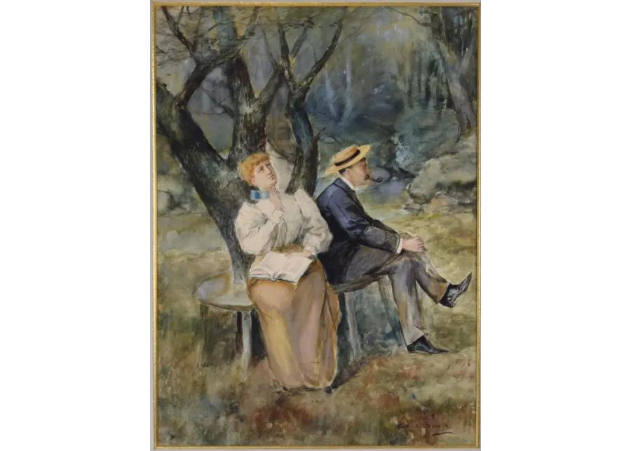 Large Watercolor of Couple by Gean Smith - Antiquarian Art Company - Blue