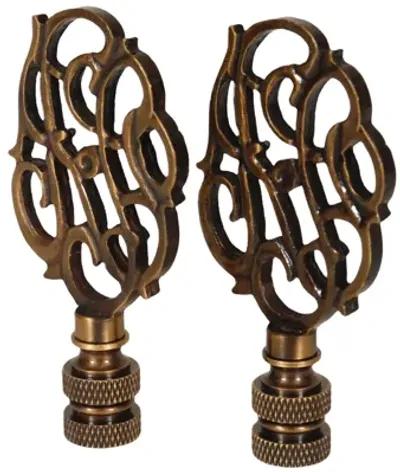 Scrolled Vine Brass Lamp Finials - a Pair By Interesting Things - Brown - Fits a standard size lamp harp