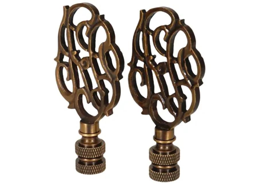 Scrolled Vine Brass Lamp Finials - a Pair By Interesting Things - Brown - Fits a standard size lamp harp