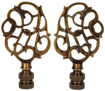 Scrolled Vine Brass Lamp Finials - a Pair By Interesting Things - Brown - Fits a standard size lamp harp