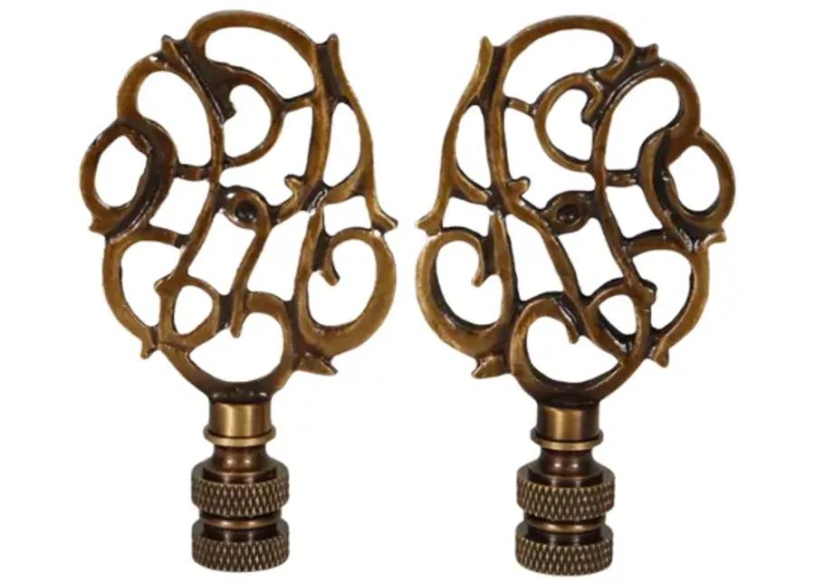 Scrolled Vine Brass Lamp Finials - a Pair By Interesting Things - Brown - Fits a standard size lamp harp