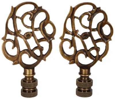 Scrolled Vine Brass Lamp Finials - a Pair By Interesting Things - Brown - Fits a standard size lamp harp