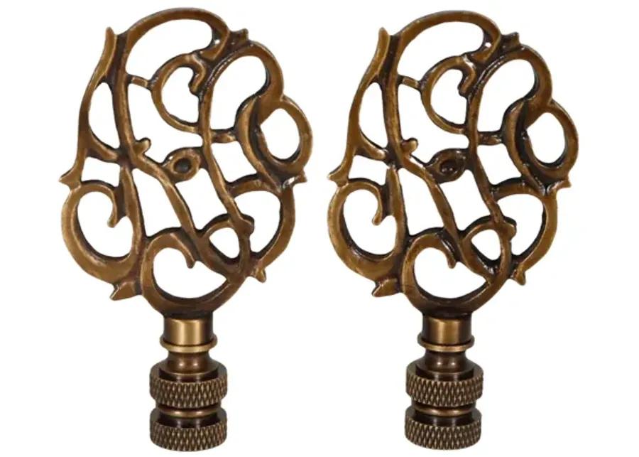 Scrolled Vine Brass Lamp Finials - a Pair By Interesting Things - Brown - Fits a standard size lamp harp