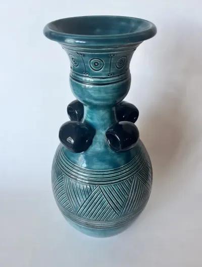 1970s Blue Glazed Ceramic Detailed Vase - Pilar Collection