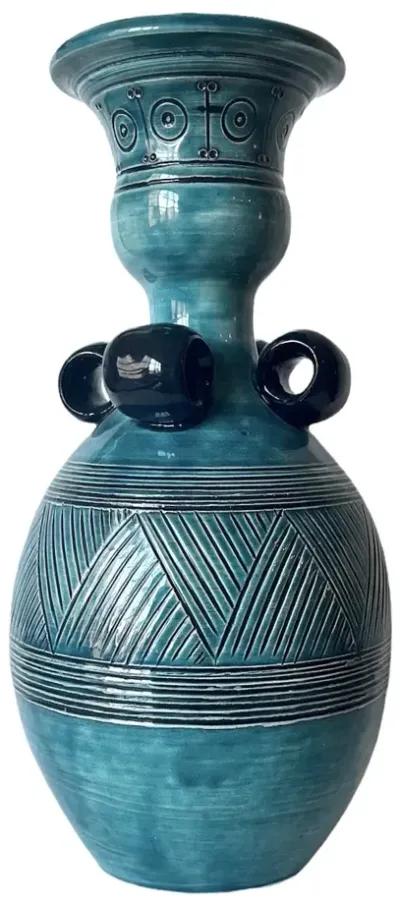 1970s Blue Glazed Ceramic Detailed Vase - Pilar Collection