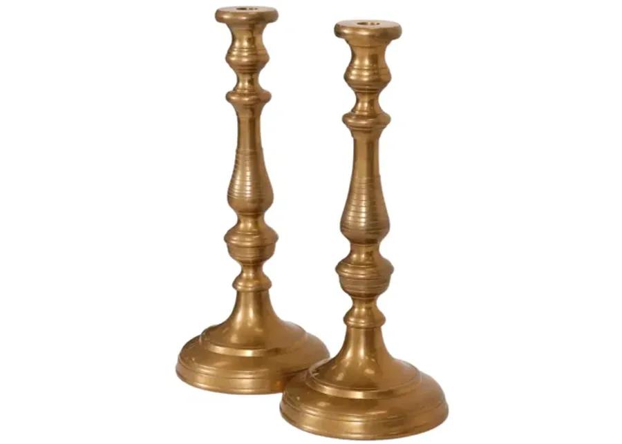 Large Turned Brass Candlesticks - a Pair - Interesting Things - Gold