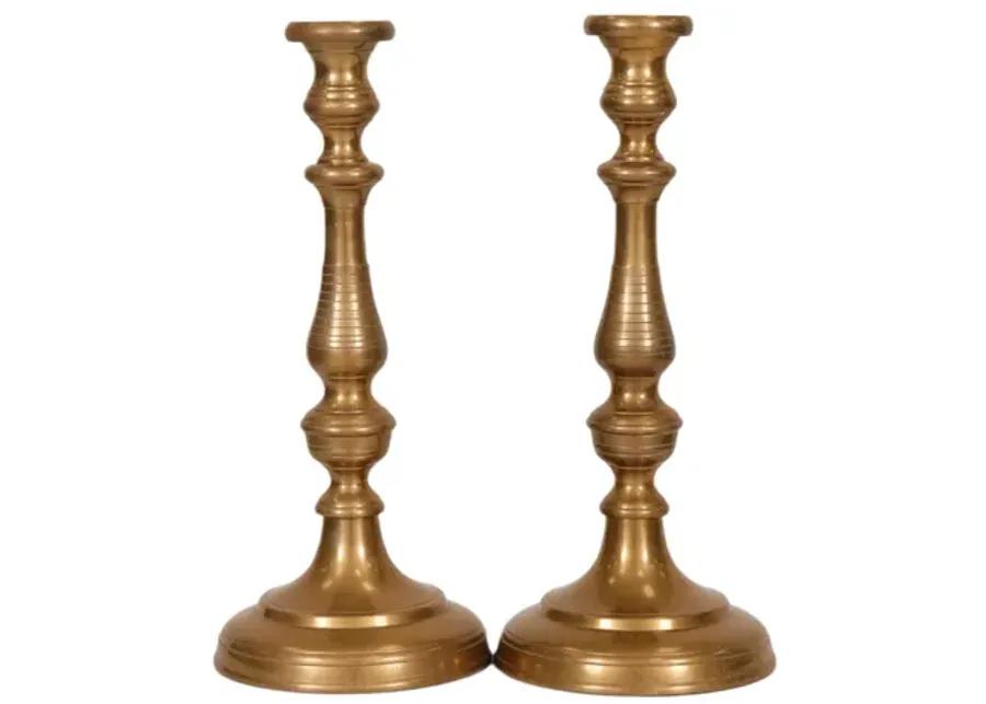 Large Turned Brass Candlesticks - a Pair - Interesting Things - Gold