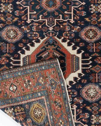 Distressed Brick Red Heriz Rug 4'1"x6'3" - Blue - Blue