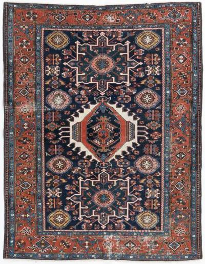 Distressed Brick Red Heriz Rug 4'1"x6'3" - Blue - Blue