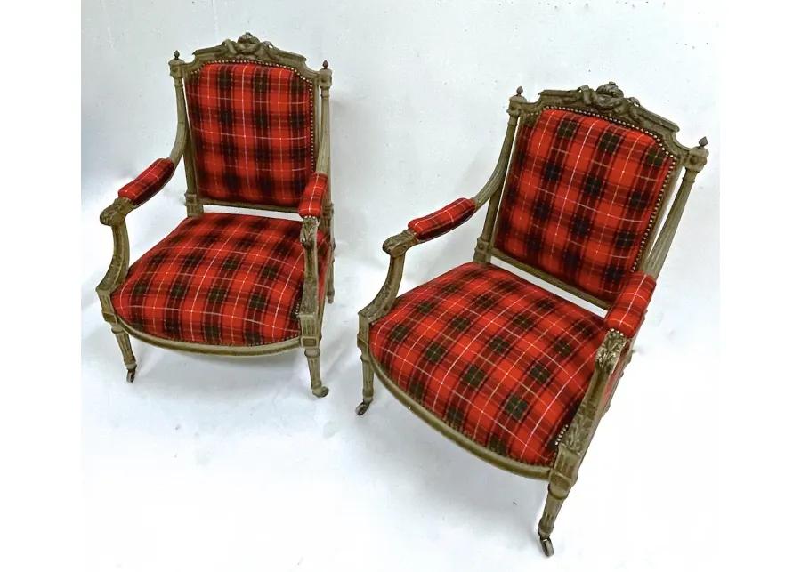 Antique Carved Red Tartan Armchairs - PR - Vermilion Designs